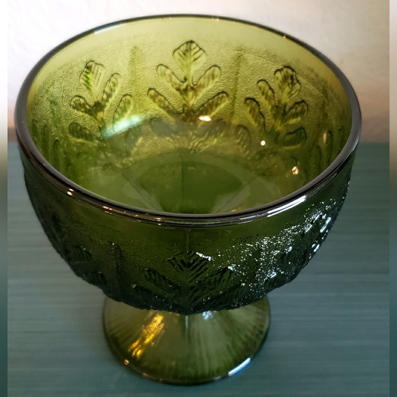 Vintage FTD 1978 Oak Leaf Olive Green Glass Compote Goblet Trinket Jewelry Dish - Picture 2 of 7